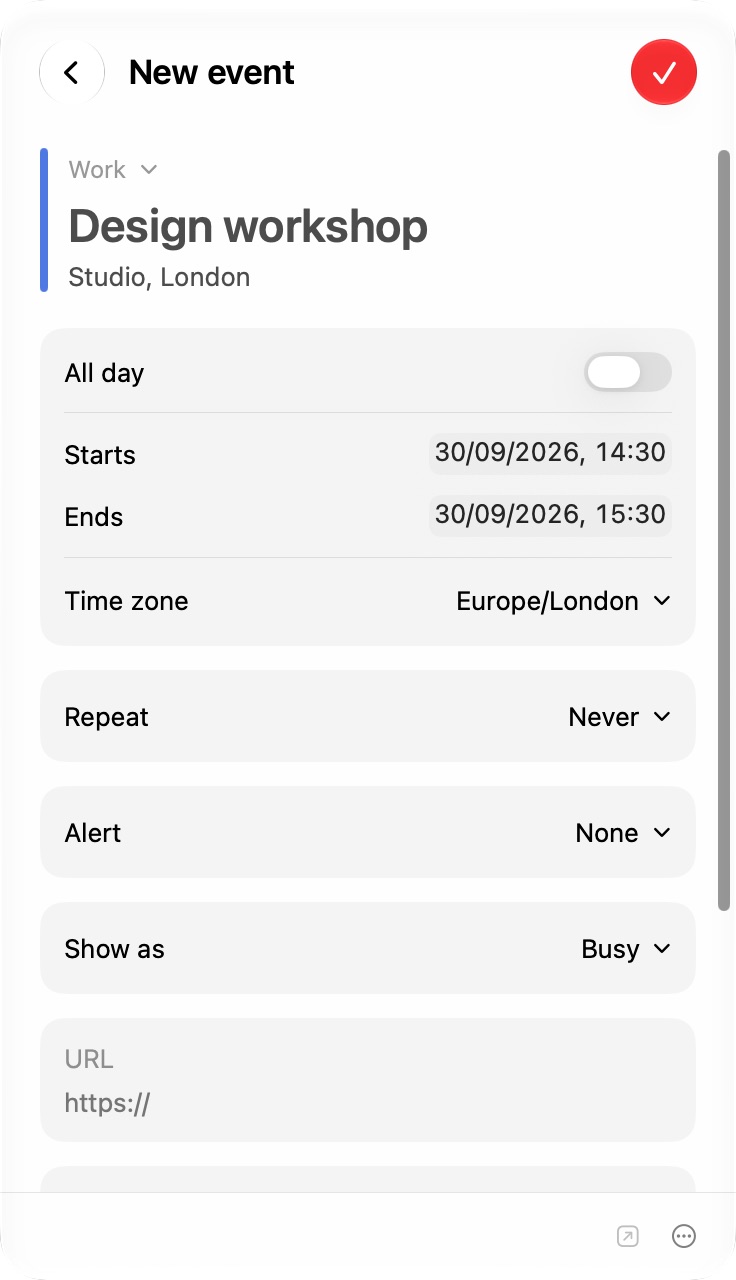 CaliBar’s new event editor with calendar selection, a location, dates, time zone, repeat and alert options.