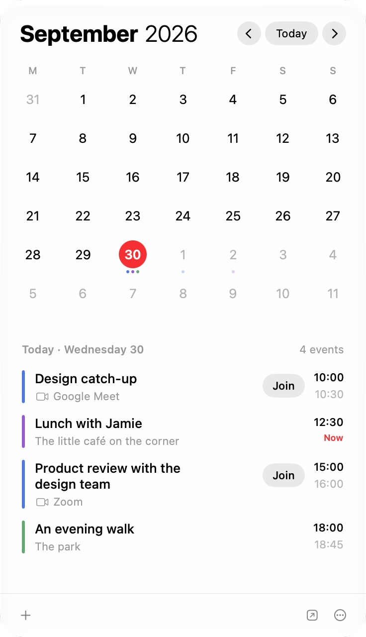 CaliBar’s month calendar and event list, with Join buttons beside video meetings.