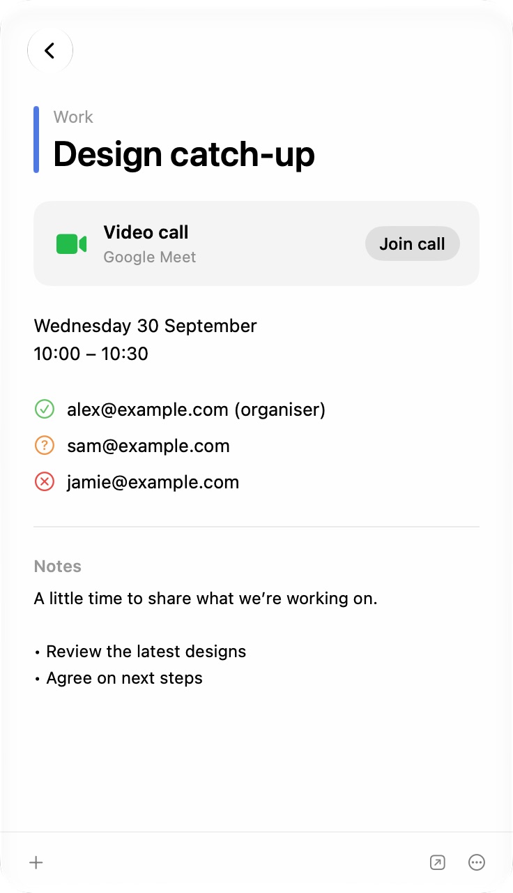 CaliBar event details with a video-call button, date, organiser and attendees.