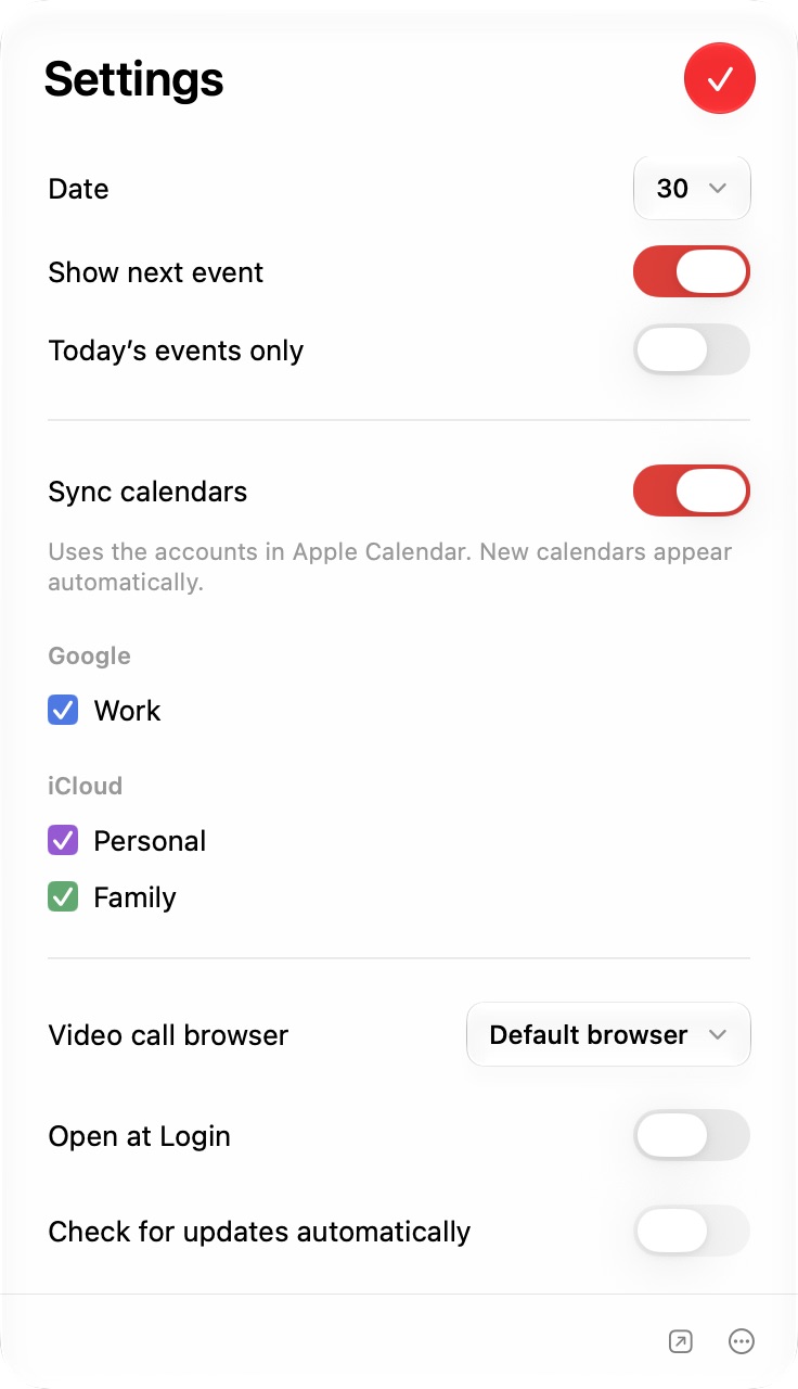 CaliBar settings for calendar selection and menu-bar display.